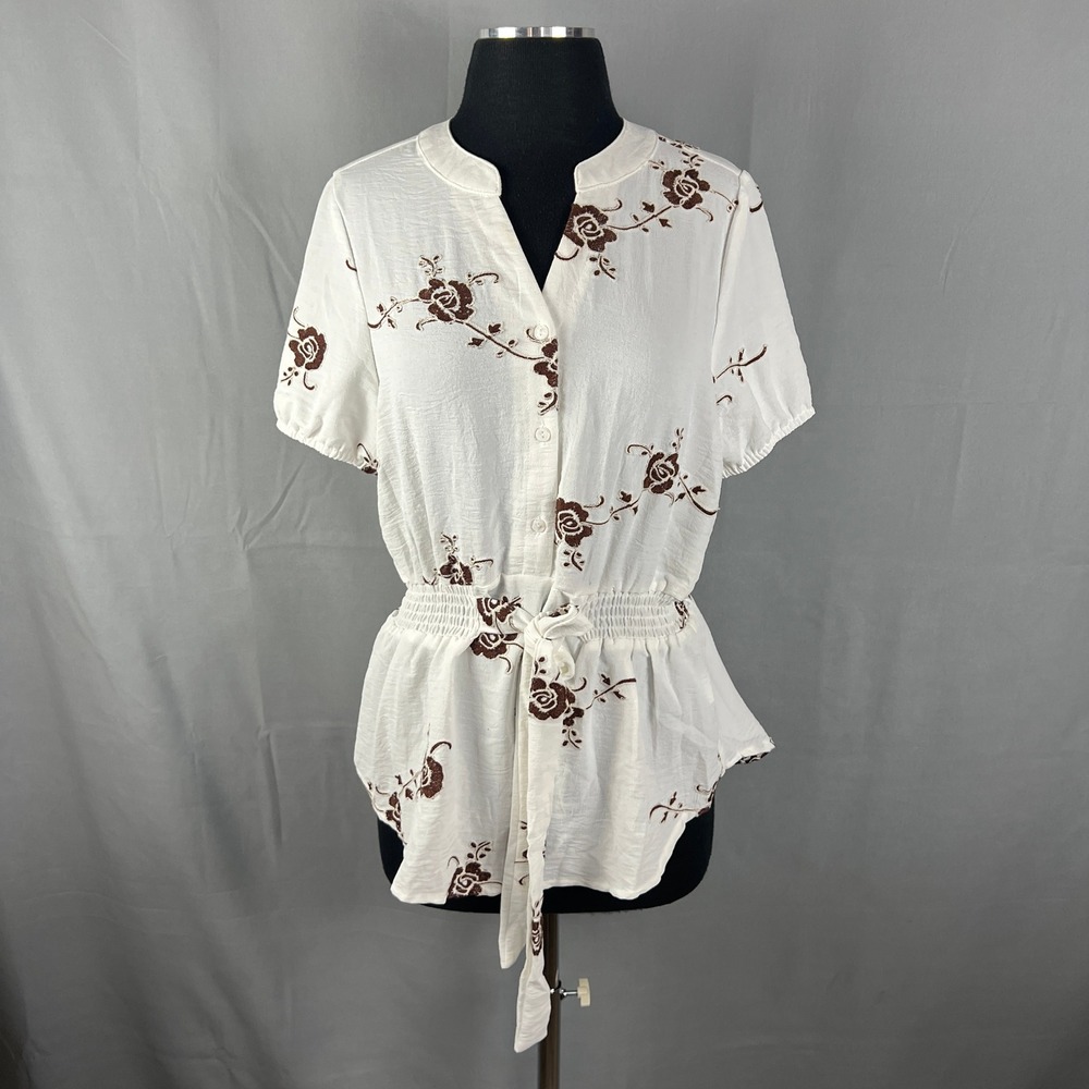 Kindred Blouse Top Women Small White Floral Embroidered Smocked Tie Waist V Neck